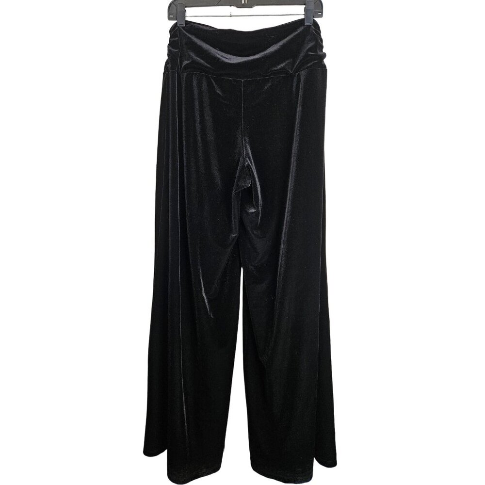 Susan Lawrence Women's Black Velvet Wide-Leg Pull On Pants L Side Waist Ruching